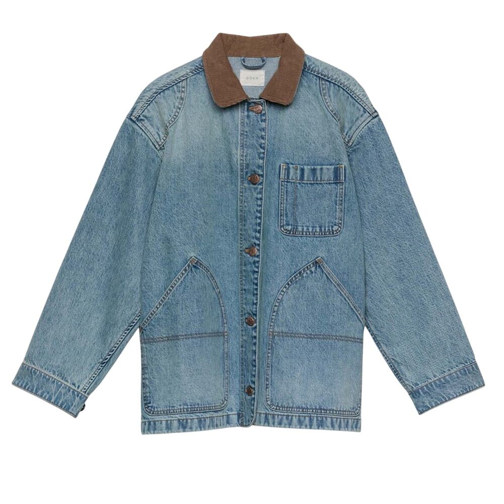 NWT Doen Pascual Cotton Denim Jean Corduroy Collar Barn Jacket Deveraux Wash - Picture 13 of 14